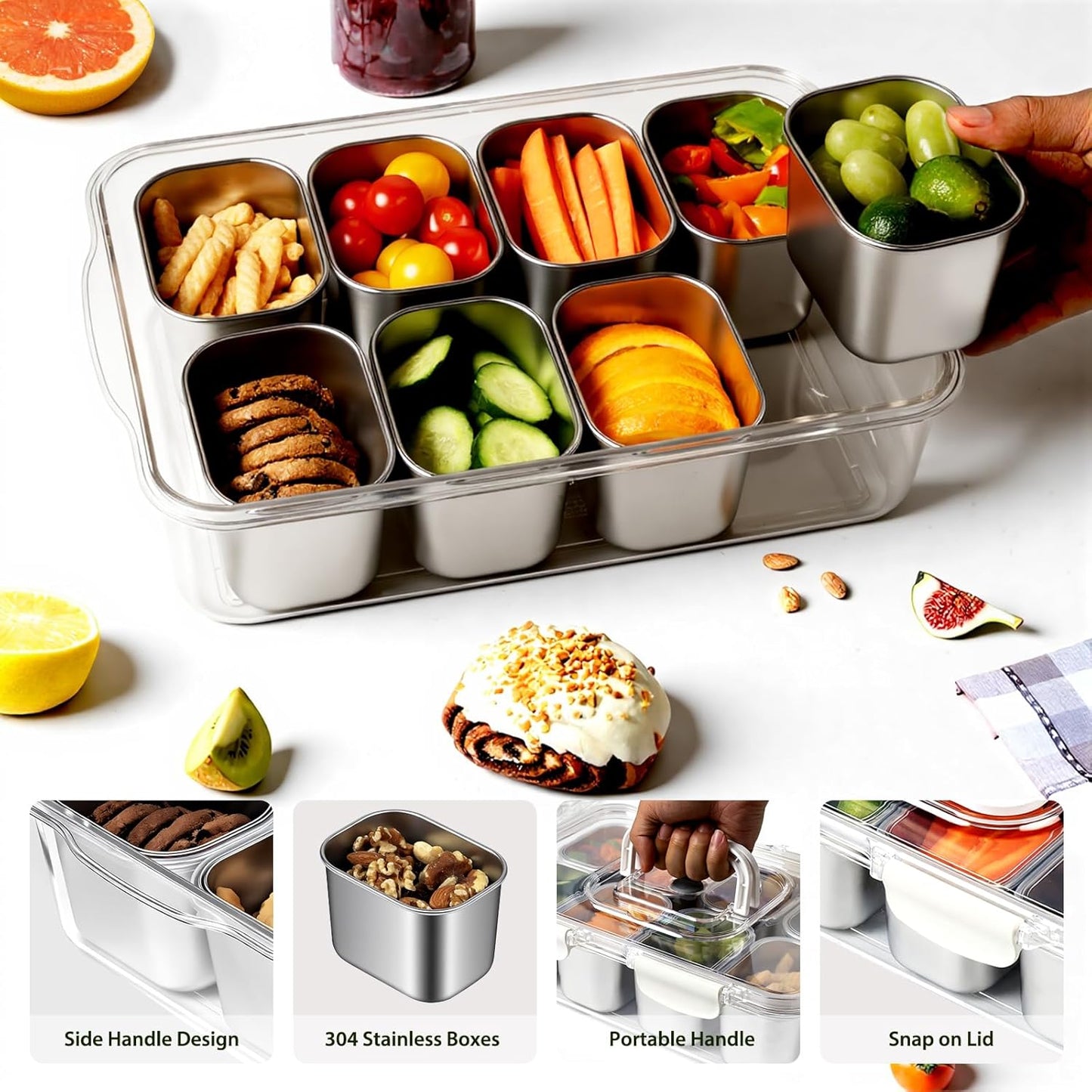 Snackle Box Stainless Steel Snack Container - 8-Compartment Serving Tray with Lid & Handle for Travel