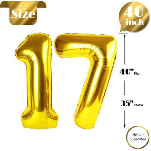 Gold Number 17 Balloon 40 inch, 17 Number Balloons, 17th Gold Birthday Decorations, 17 Year Old Girls Boys Golden Party Supplies