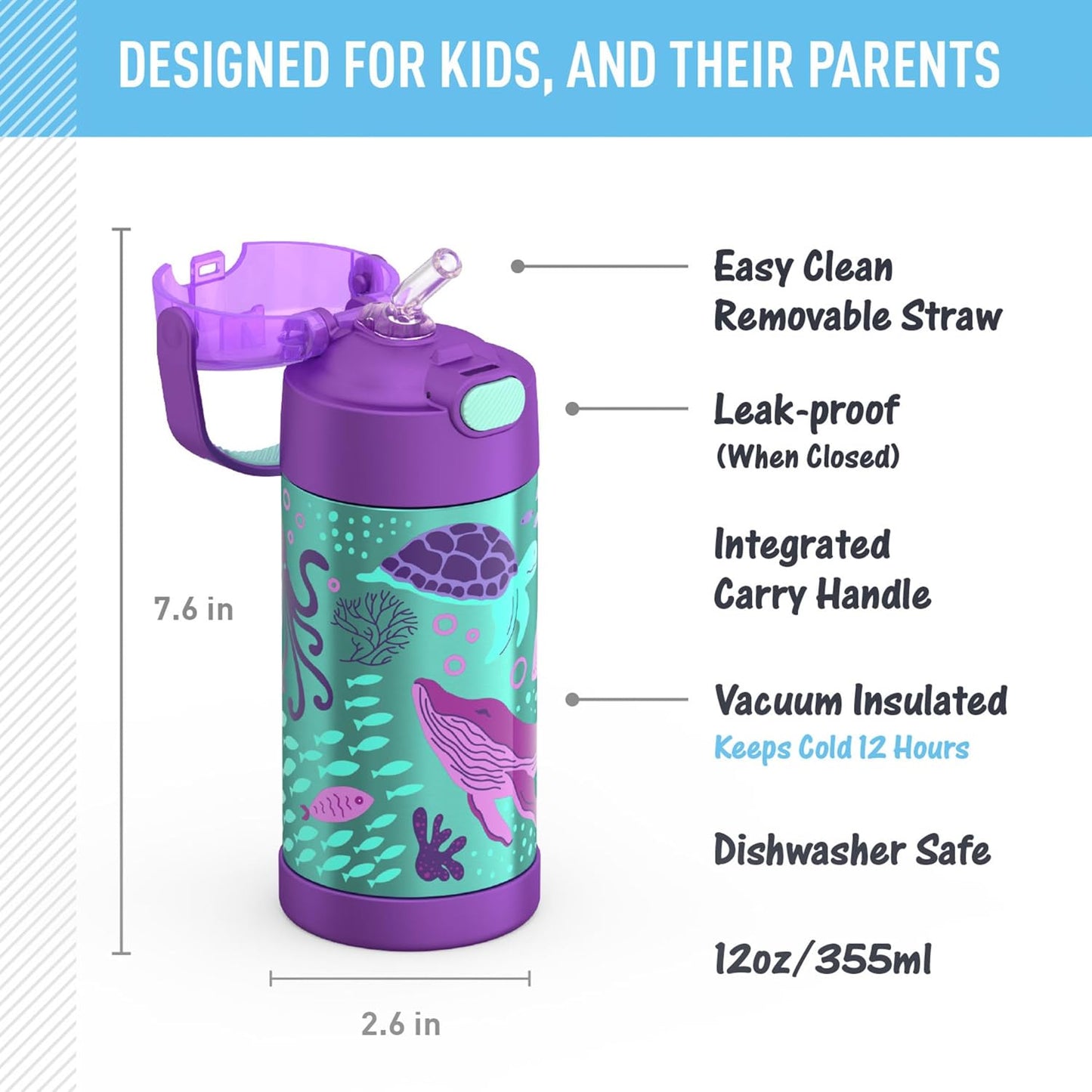 THERMOS FUNTAINER Water Bottle - 12 Ounce Kids Stainless Steel Vacuum Insulated with Straw - Ocean Pals Design