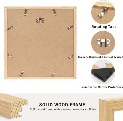 JCJMY 12x12 Solid Wood Picture Frame - Display 8x8 with Mat or 12x12 Without Mat, Natural Finish
