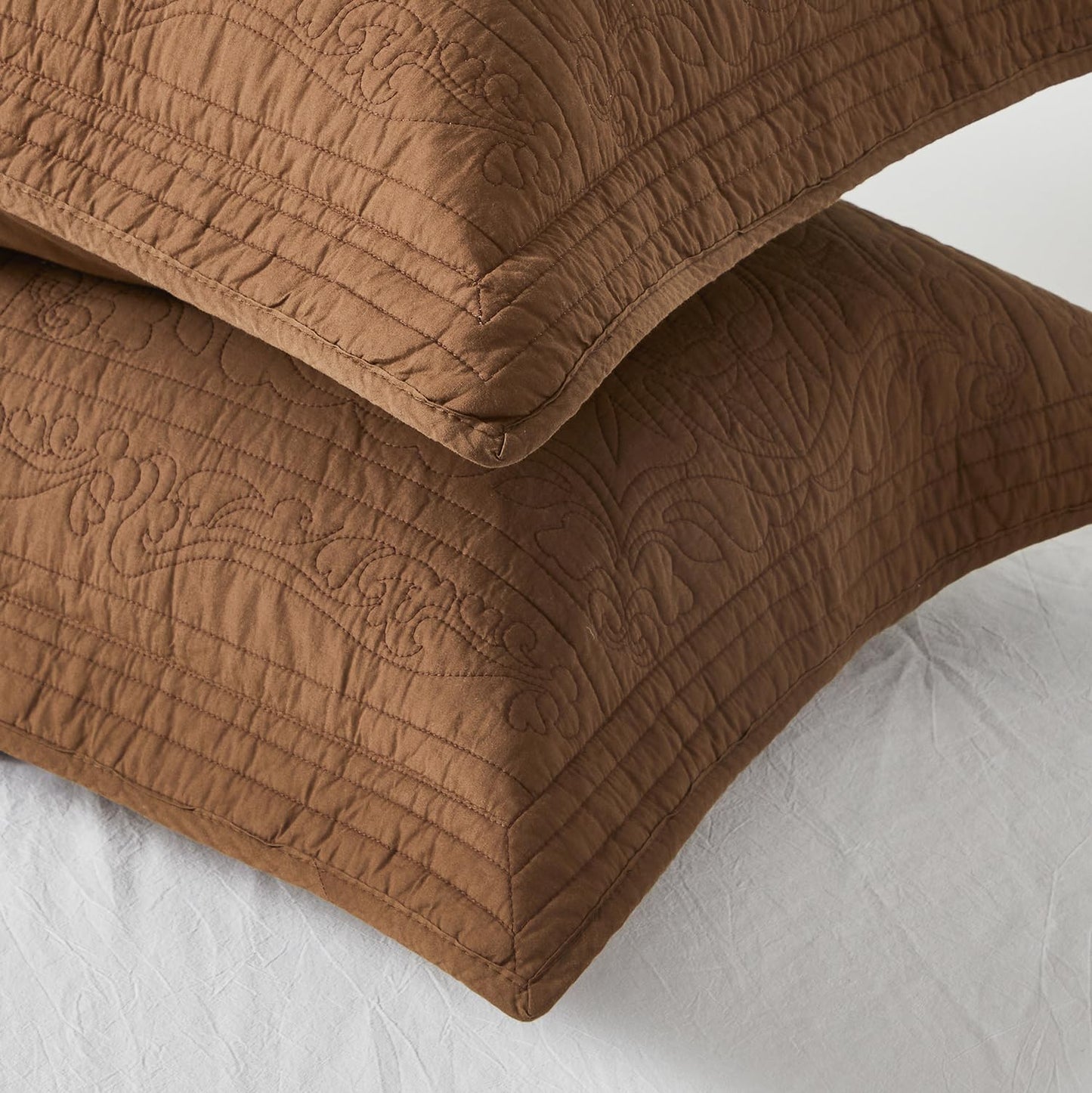 WINLIFE 100% Cotton Quilted Pillow Sham Floral Printed Pillow Cover Set of 2 (Standard Size, Coffee)