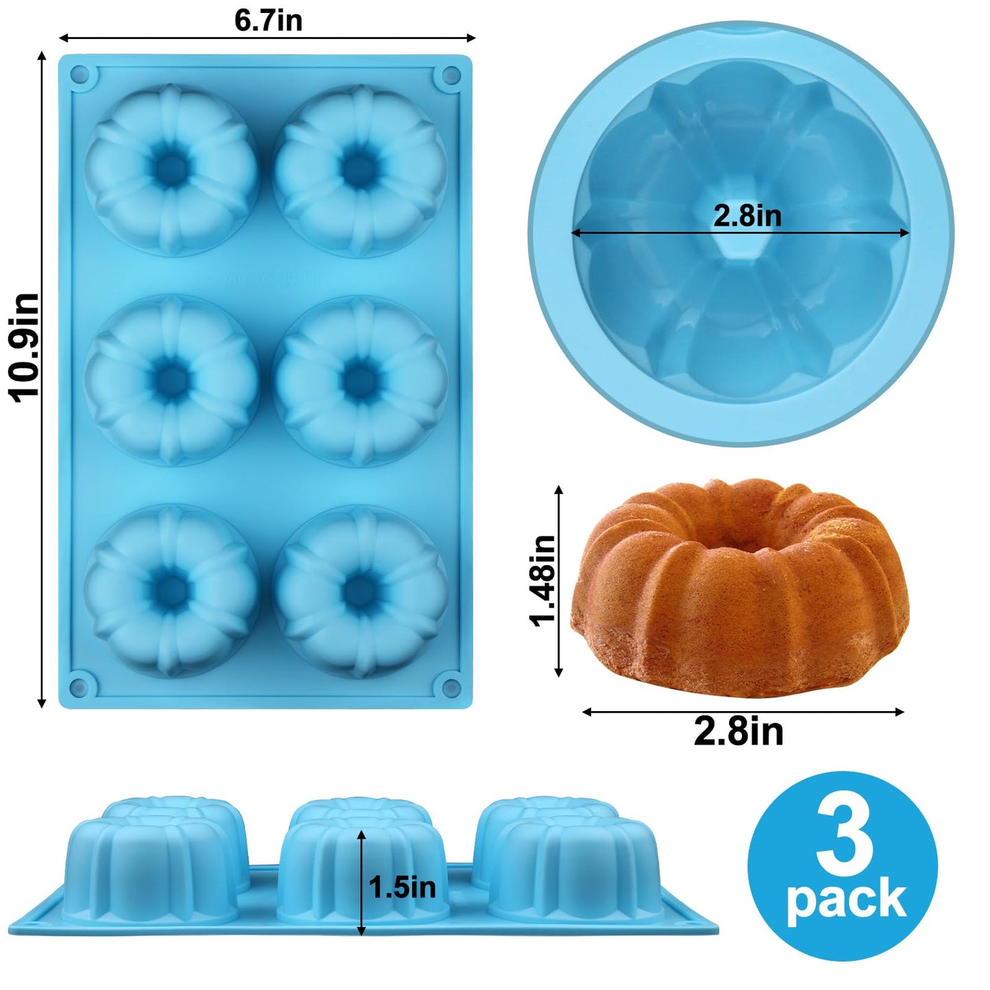 Palksky Mini Fluted Tube Pan Silicone 6-Cavity(3PCS), Multi-Cavity small Cake Baking Pan, mini moldes para chocoflan