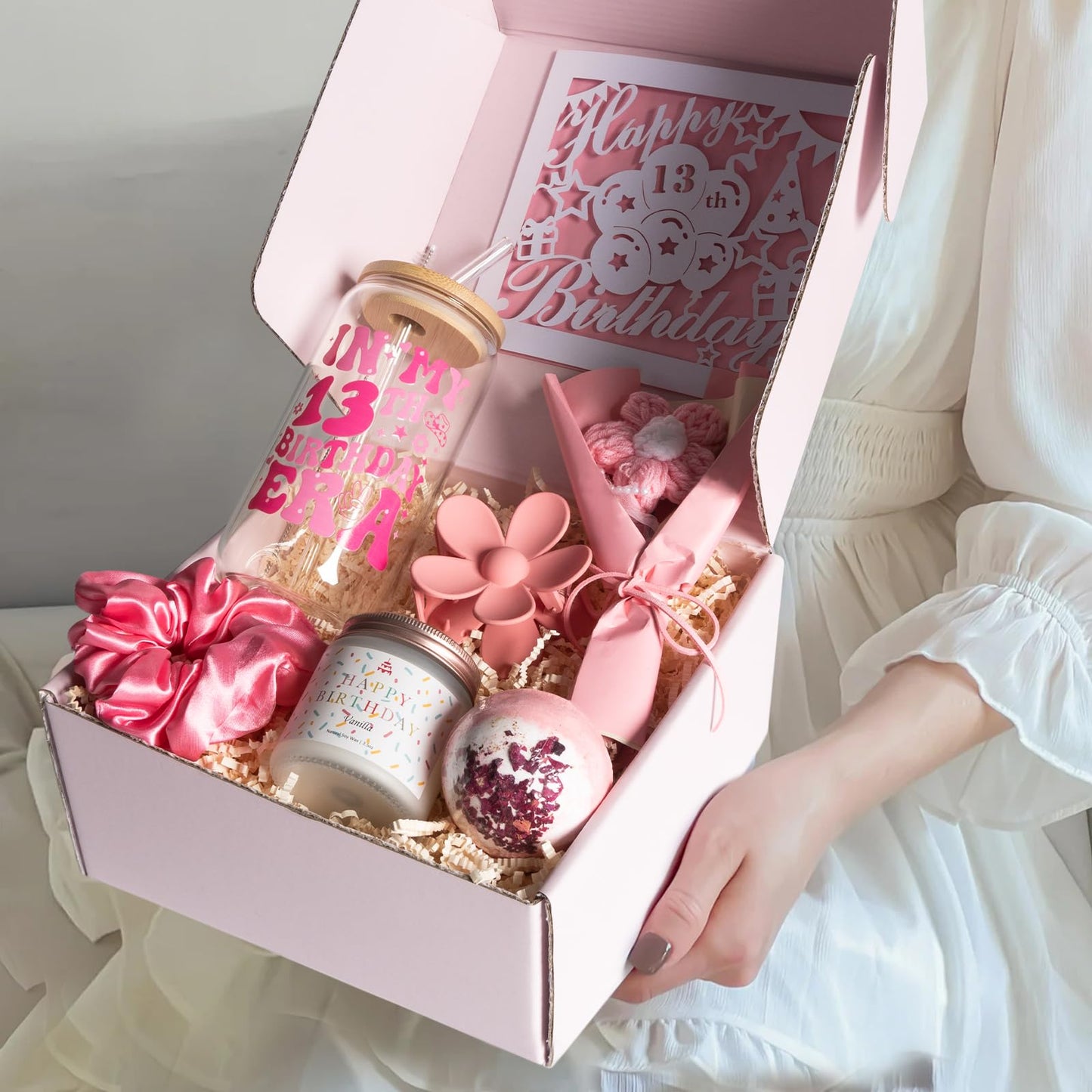 XGFYYMM 13th Birthday Gifts for Girls, 13 Year Old Gift Ideas for Official Teenager Girl, 7Pcs Happy 13th Birthday Basket Decorations Teen Trendy Stuff, Pink Presents Box for Her, Daughter, Niece