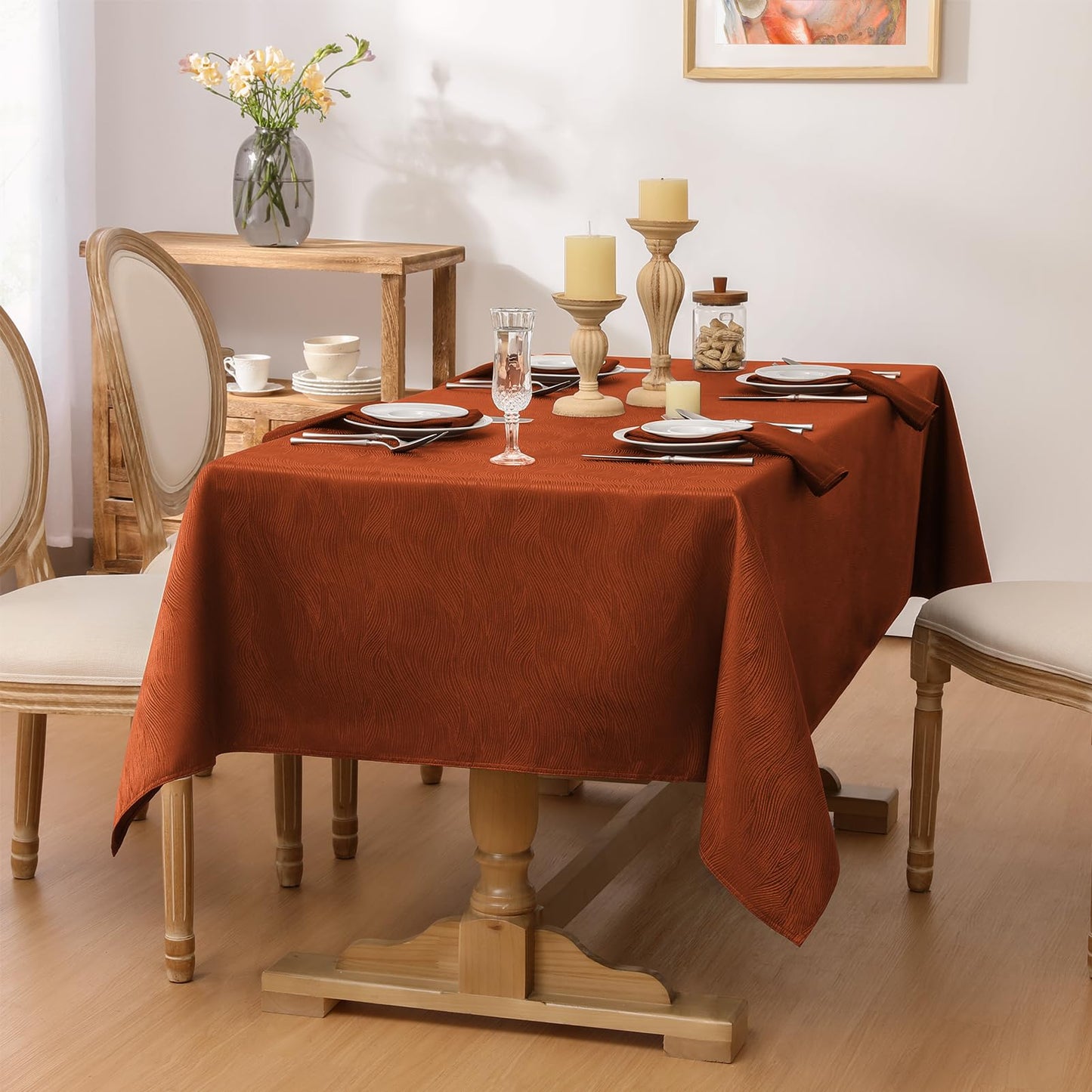 Softalker Fall Table Cloth Jacquard Rectangle Tablecloth Waterproof Spillproof Table Cover Burnt Orange for Autumn Harvest Thanksgiving Decoration (60x104 Inch,Rust Red Swirl)