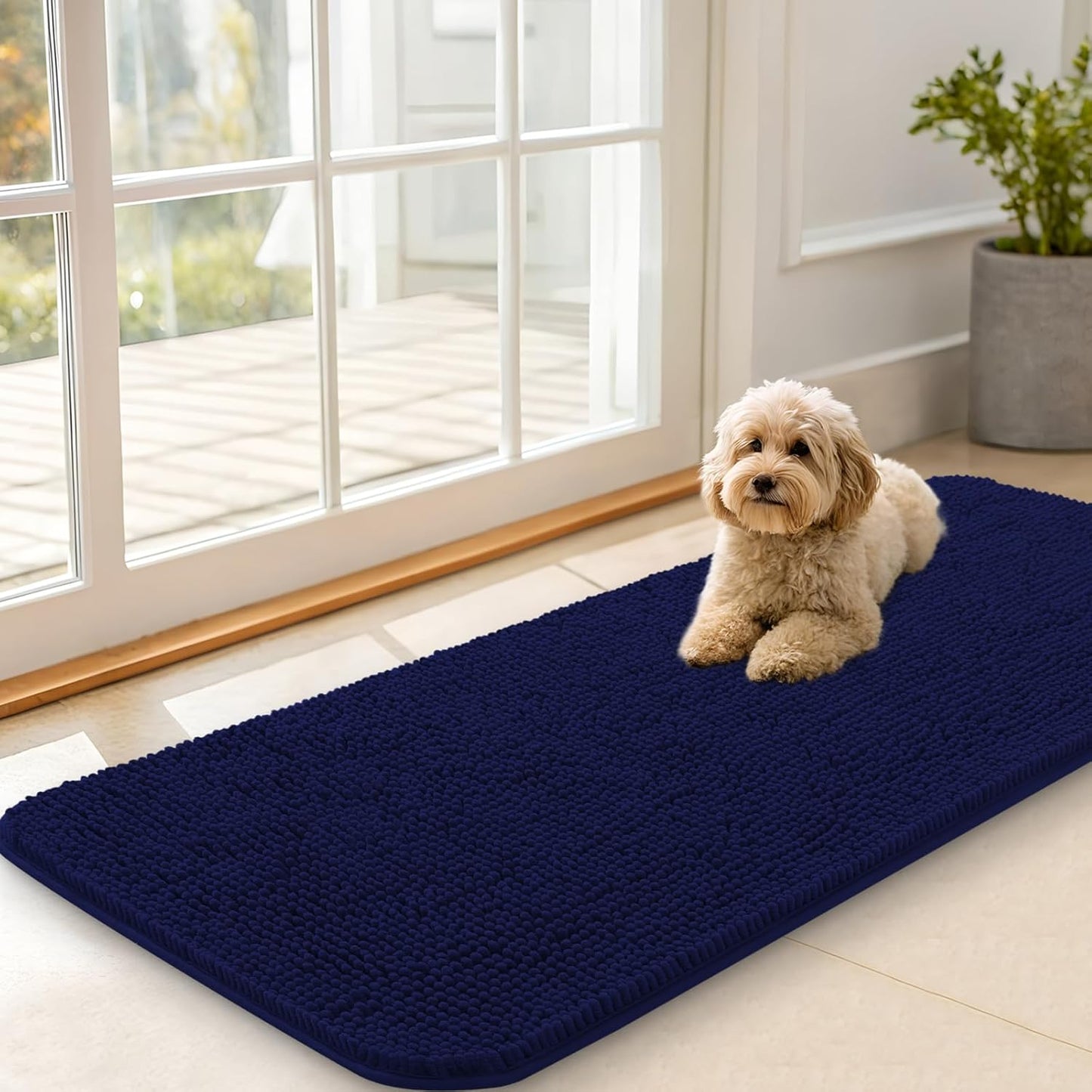 OLANLY Dog Door Mat - Absorbent Non-Slip Chenille Mat for Muddy Paws | 47x20, Navy Blue