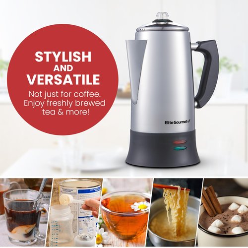 Elite Gourmet EC924 Electric Coffee Percolator, BPA Free, Keep Warm, Clear Brew Progress Knob, Cool-Touch Handle, Cordless Serve, 12-Cup, Stainless Steel