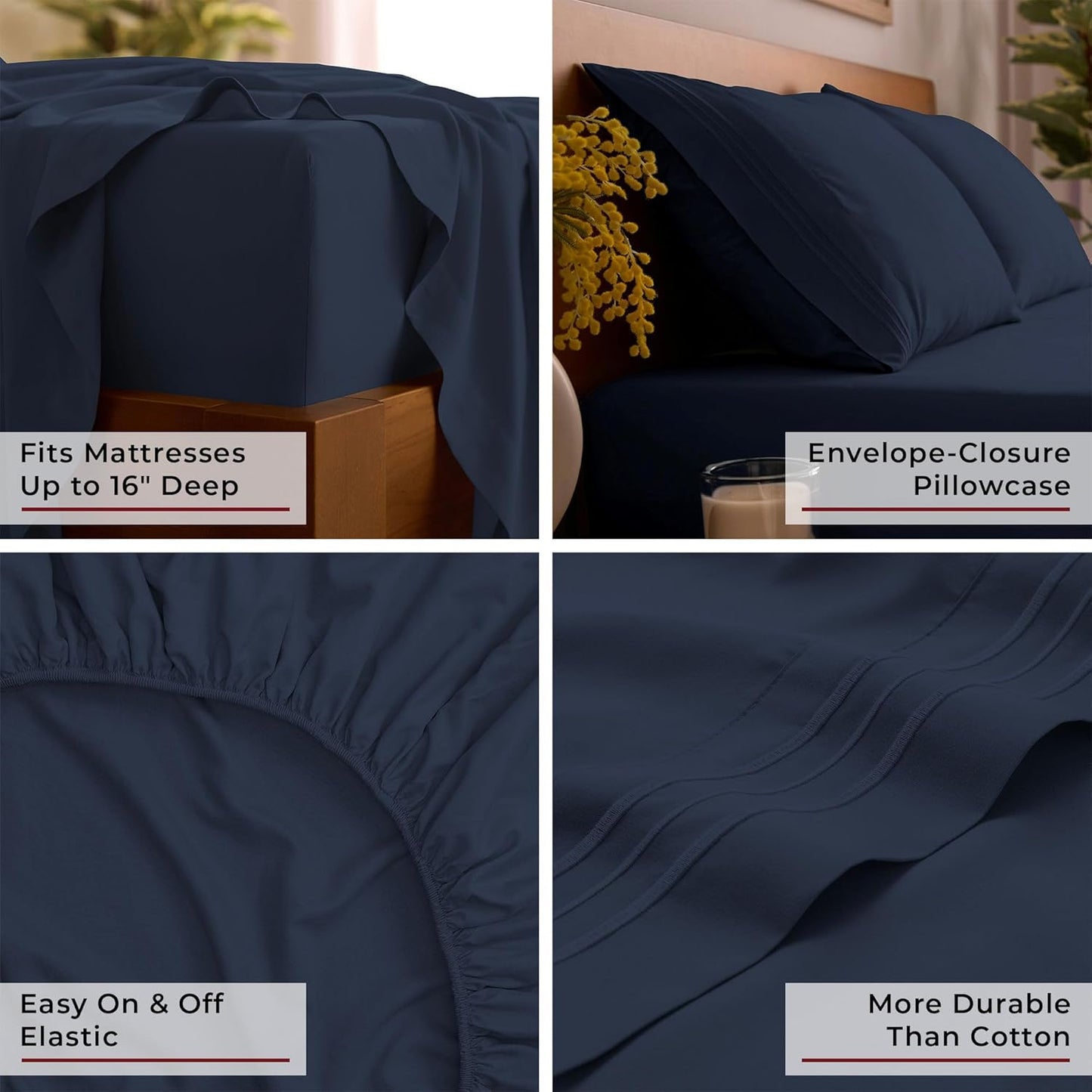 Mellanni Queen Sheets Set - 4 PC Hotel Luxury Bedding | Extra Soft, Cooling, Wrinkle-Resistant (Navy Blue)