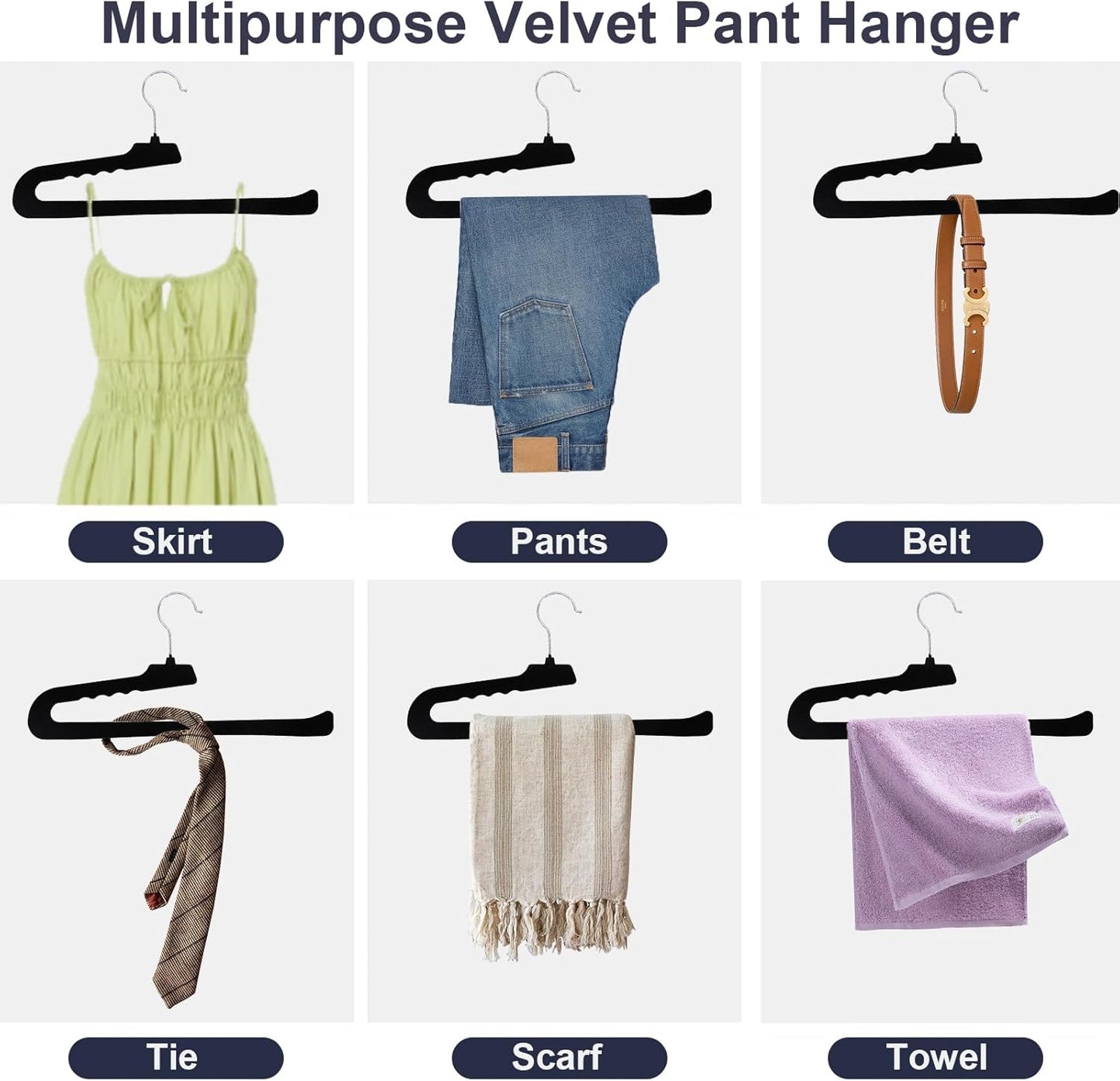 Velvet Pants Hangers - 16 Pack Black Non-Slip Hangers with 360° Swivel Hook | Space-Saving for Heavy Pants & Jeans