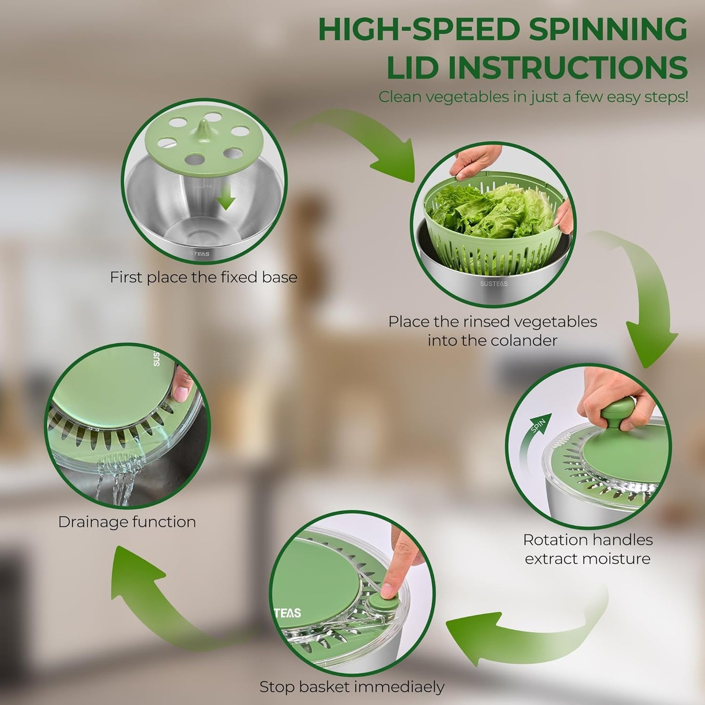 SUSTEAS Stainless Steel Salad Spinner - Large 4.25Qt Bowl for Efficient Vegetable Washing & Salad Prep