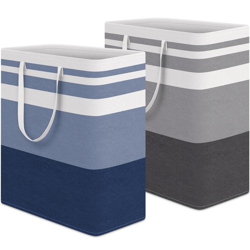 HomeHacks 2 Pack Large Laundry Baskets, Waterproof, Freestanding Laundry Hampers, Collapsible Clothes Hamper with Reinforced Handles in Laundry, College Dorm, Bathroom, Bedroom (Grey+Blue, 100Lx2)