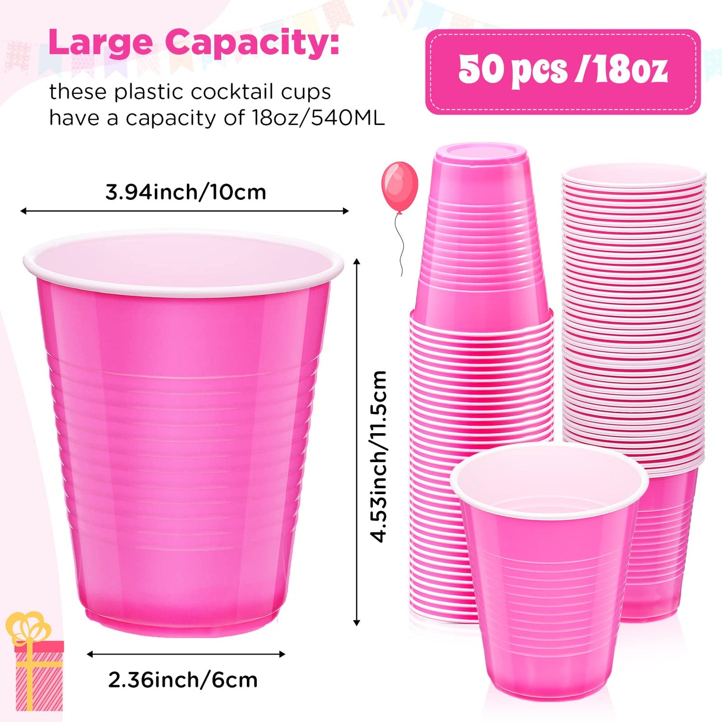 Yinder 50 Count Pink Party Cups 18 Ounce Disposable Plastic Cups for Wedding Birthday Party Beverage Drinking Water Containers for Indoor Outdoor Event Bachelorette Camping(Pink and White)