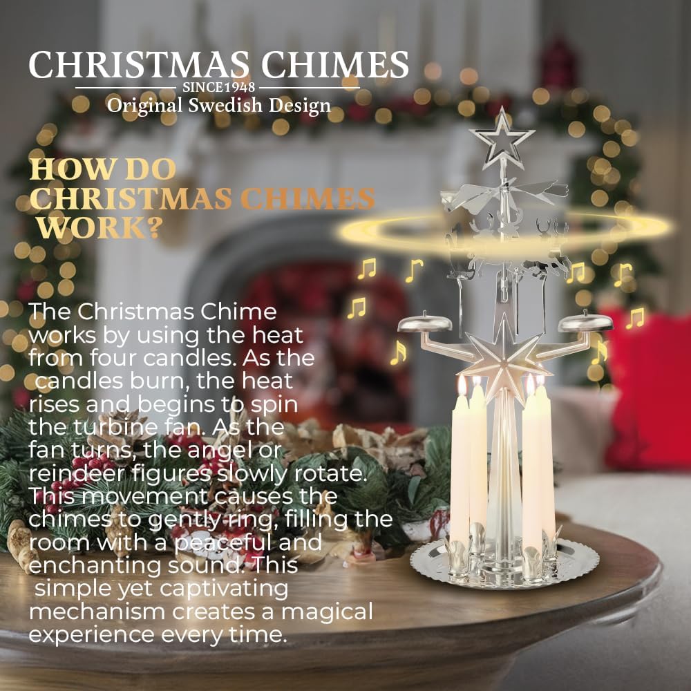 Original Swedish Christmas Chimes - Elegant Carousel with 4 Candles | Scandinavian Holiday Decor in Silver