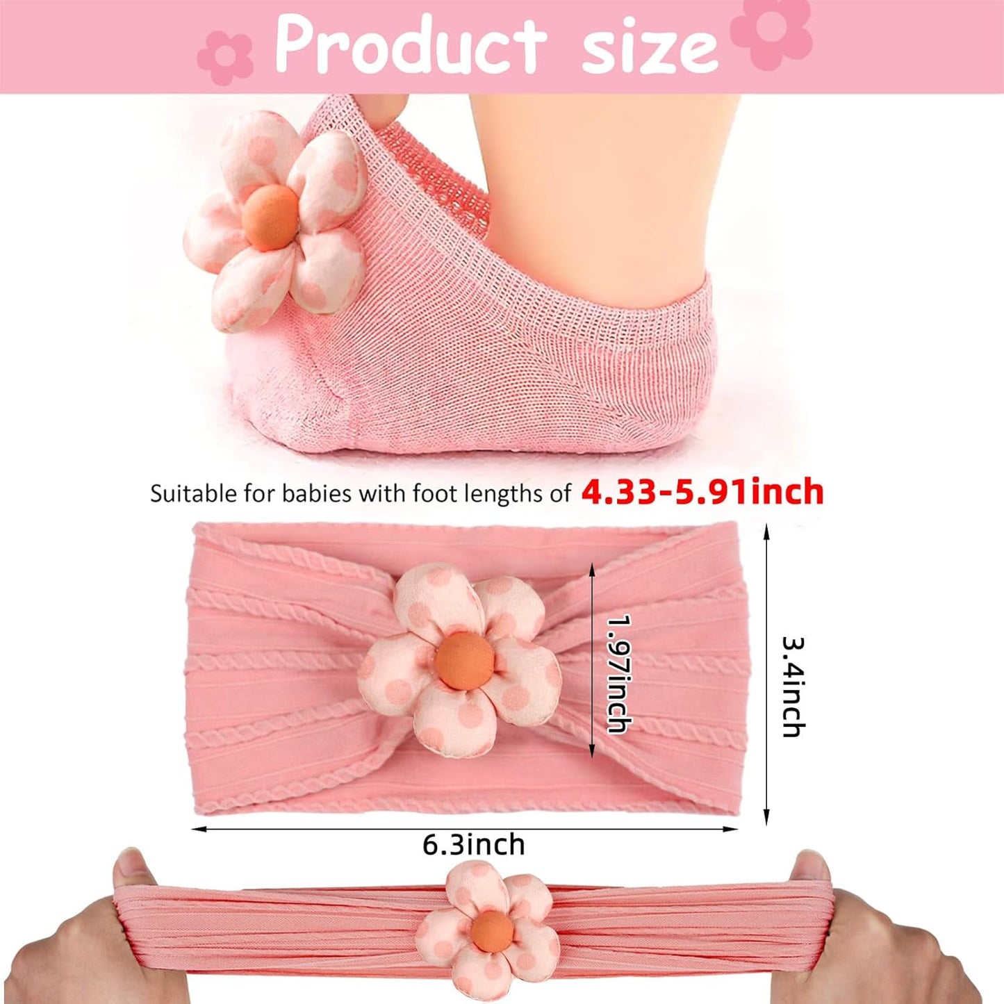 MIUXUESO Baby Girls' Headbands & Socks Set - Non-Slip Flower Hairbands & Cozy Socks | Pink, 6-12 Months