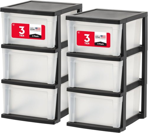 IRIS USA Plastic Drawer Organizer - 3-Drawer Storage Solution for Art Supplies & More | Black/Clear, 2-Pack
