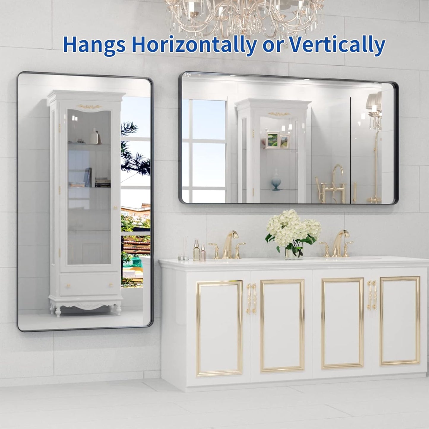 WEER Black Metal Frame Bathroom Mirror - 55x30 Inch Rounded Rectangle | Anti-Rust Tempered Glass, Versatile Hanging Options