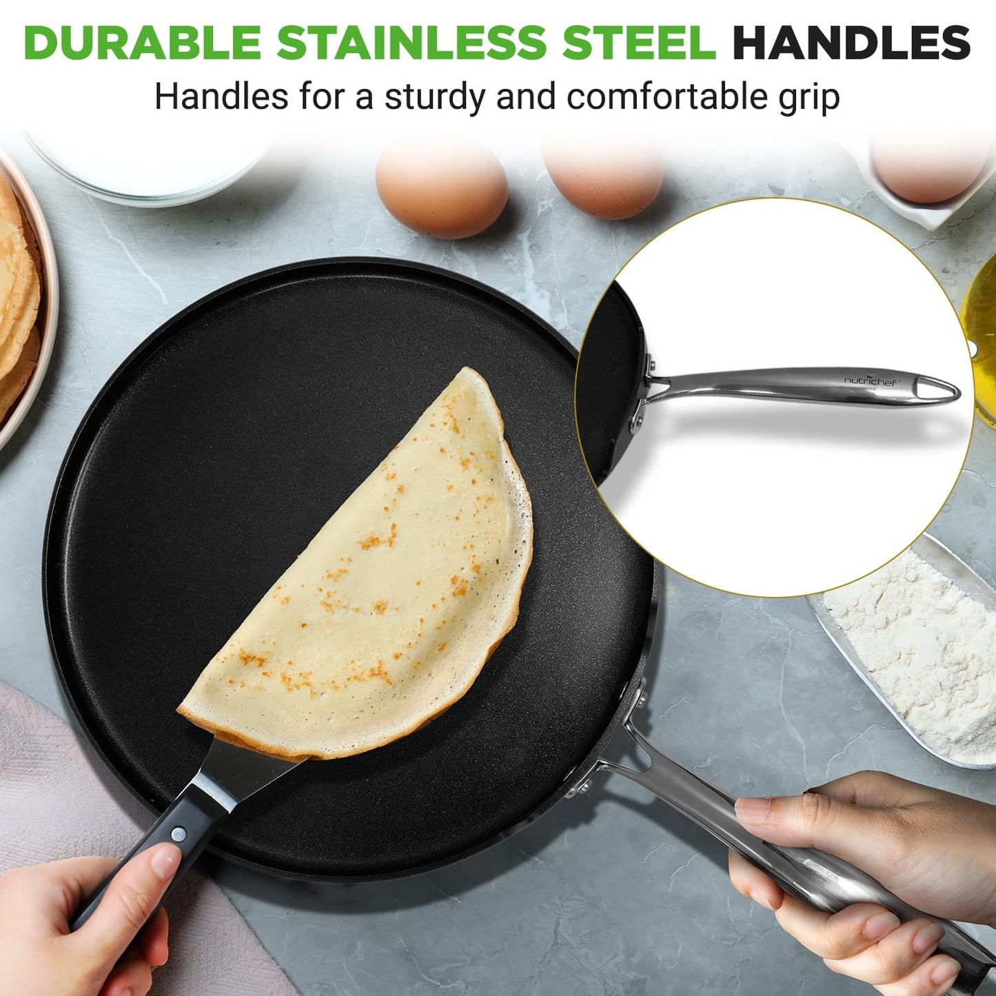 NutriChef 12 Inch Crepe Pan Non Stick, Ideal for Pancakes, Dosa, Chapati & Tortillas, Hard-Anodized, Dishwasher Safe
