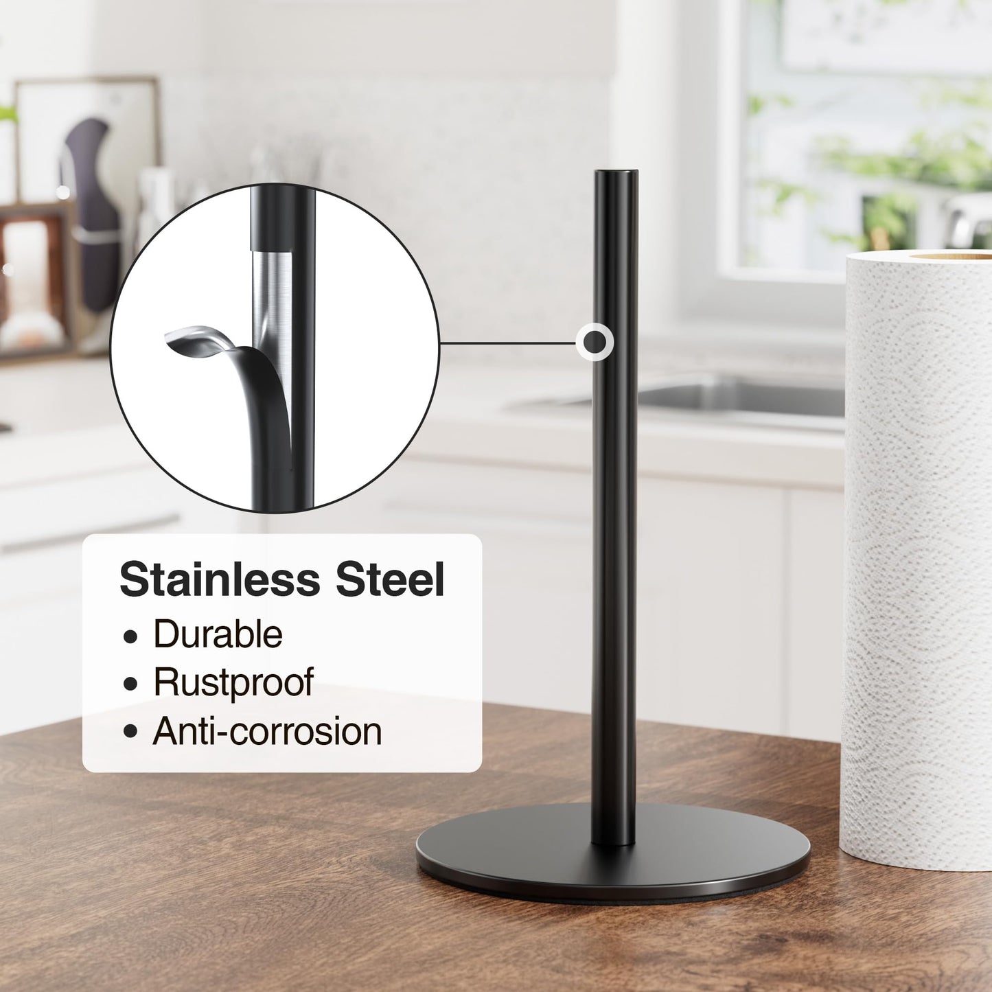 Black Paper Towel Holder Free-Standing, Premium Stainless Steel Paper Rolls Organizer Countertop, Classic Fashion Kitchen Roll Dispenser