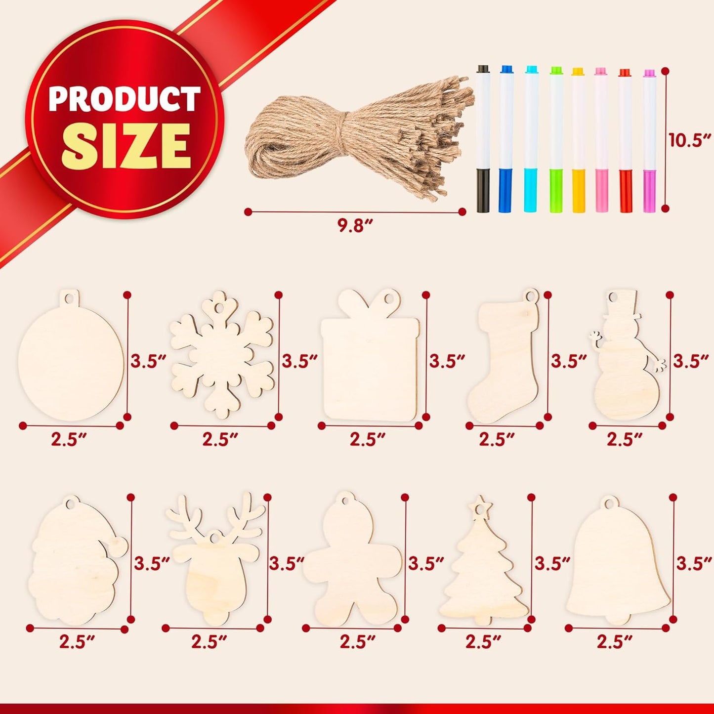 JOYIN Christmas Wooden Ornaments Craft Kit - 100 Unfinished DIY Ornaments with 8 Watercolor Pens for Kids (Ages 8+)
