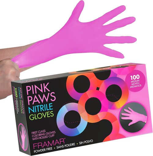 FRAMAR Pink Nitrile Gloves - Disposable, Latex-Free, Medium Size for Hair Dye & Cleaning | 100 Pack