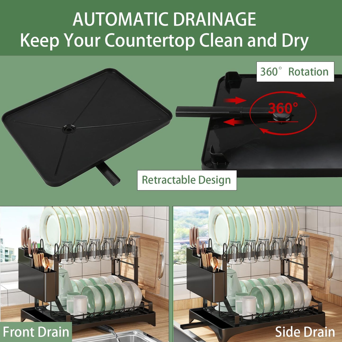 BOOLKER Dish Drying Rack, 2 Tier Dish Racks for Kitchen Counter, Detachable Dish Drainer Organizer with Utensil Holder, Drying Rack with Drain Board, Black, A Mat for Cutting Board