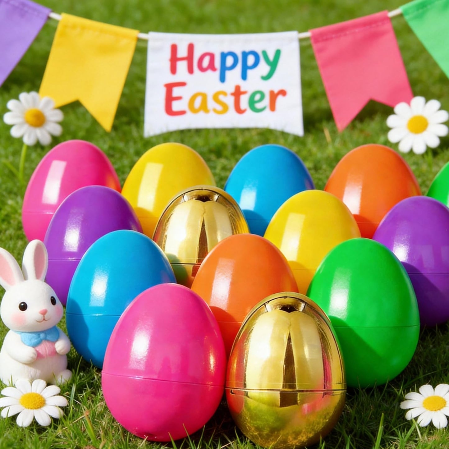 MGparty 36 Pcs 3.5" Large Fillable Easter Eggs with 6 Golden Eggs, Plastic Easter Eggs Empty Bulk for Egg Hunt, Easter Basket Stuffers, Party Favors and Decorations