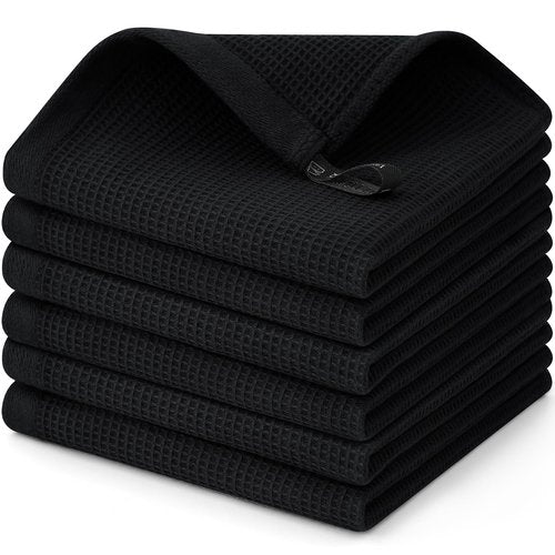 Homaxy 100% Cotton Waffle Weave Dish Cloths - 6 Pack Soft and Absorbent Dish Towels - 12 x 12 Inches Quick Dry Dish Rags - Black