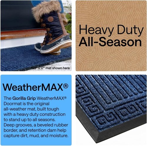 GORILLA GRIP Waterproof All-Season WeatherMAX Doormat - 35x23 Natural Rubber, Stain & Fade Resistant, Easy Clean, Navy Greek Keys