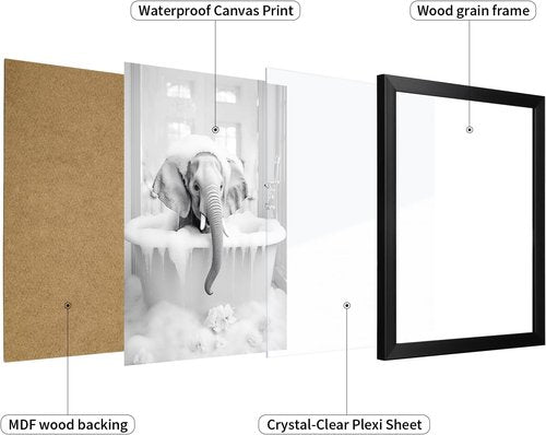 Animal Bathroom Wall Art - Funny Black and White Elephant Framed Poster | 10" L x 8" W