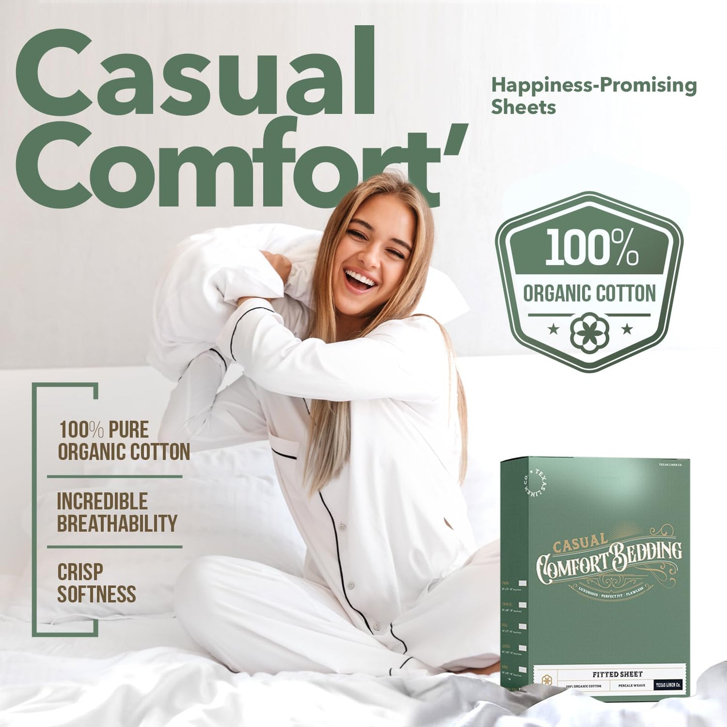 TEXAS LINEN CO. 100% Organic Cotton Percale Weave Fitted Sheet Twin XL Size, White, 1 Deep Pocket Twin XL Fitted Sheet, Fits Mattress Upto 16" Crisp and Cool Bed Linen, Luxury GOTS Certified Sheets