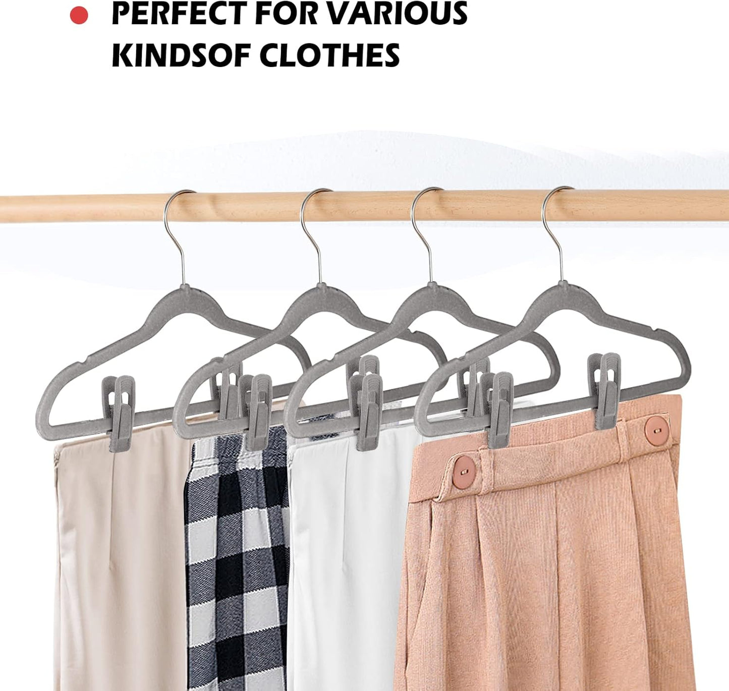 Tinfol Gray Velvet Hanger Clips - Non-Slip Flocked Clips for Pants & Skirts | 24 Pack, Strong & Durable