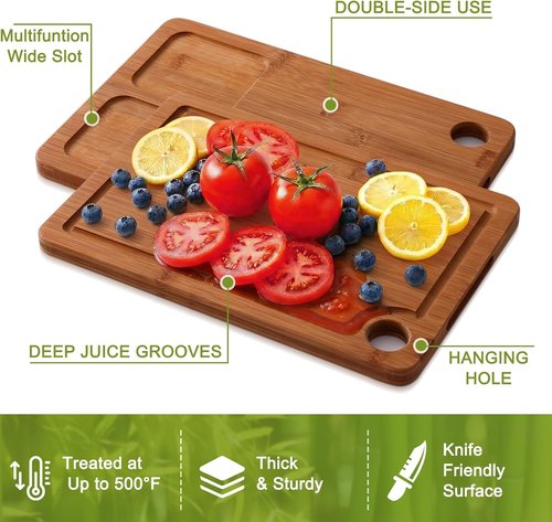 Homaxy Bamboo Cutting Board Set - 3 Wooden Boards with Non-Slip Mat & Deep Juice Groove | Ideal for Meat, Fruits & Vegetables