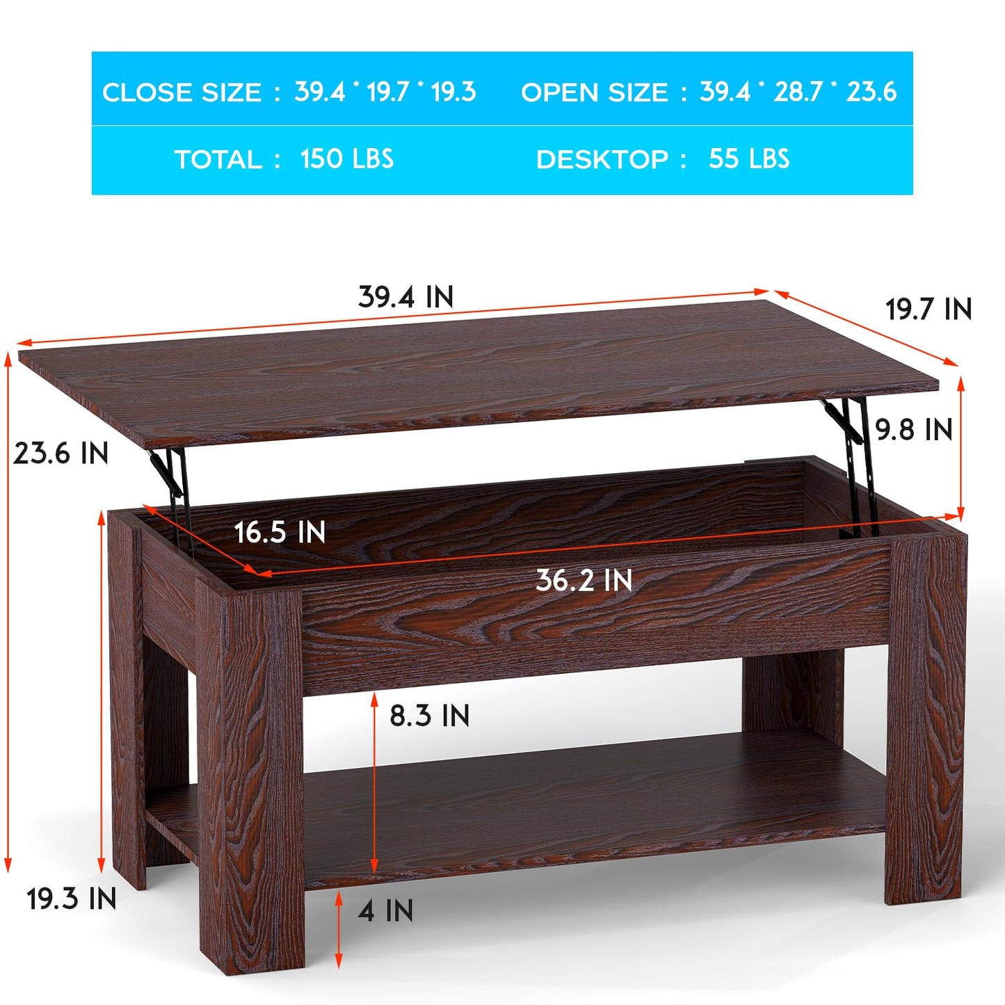 FDW 39 inch Lift Top Coffee Table with Hidden Storage Compartment & Lower Shelf,Coffee Table with Lift Top for Living Room,Home Small Space,Espresso