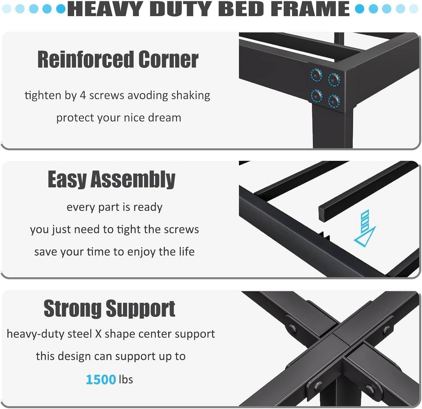 ZIYOO Queen Size Bed Frame - Heavy Duty Steel Slats, 1500LBS Support, Easy Assembly, Noise-Free | Black