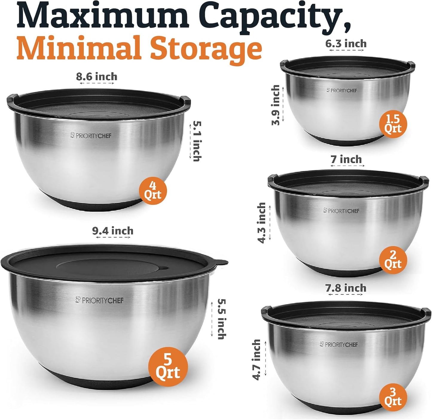 Priority Chef Stainless Steel Mixing Bowls Set - Airtight Lids & Non-Slip Base | 3 Grater Attachments, Black
