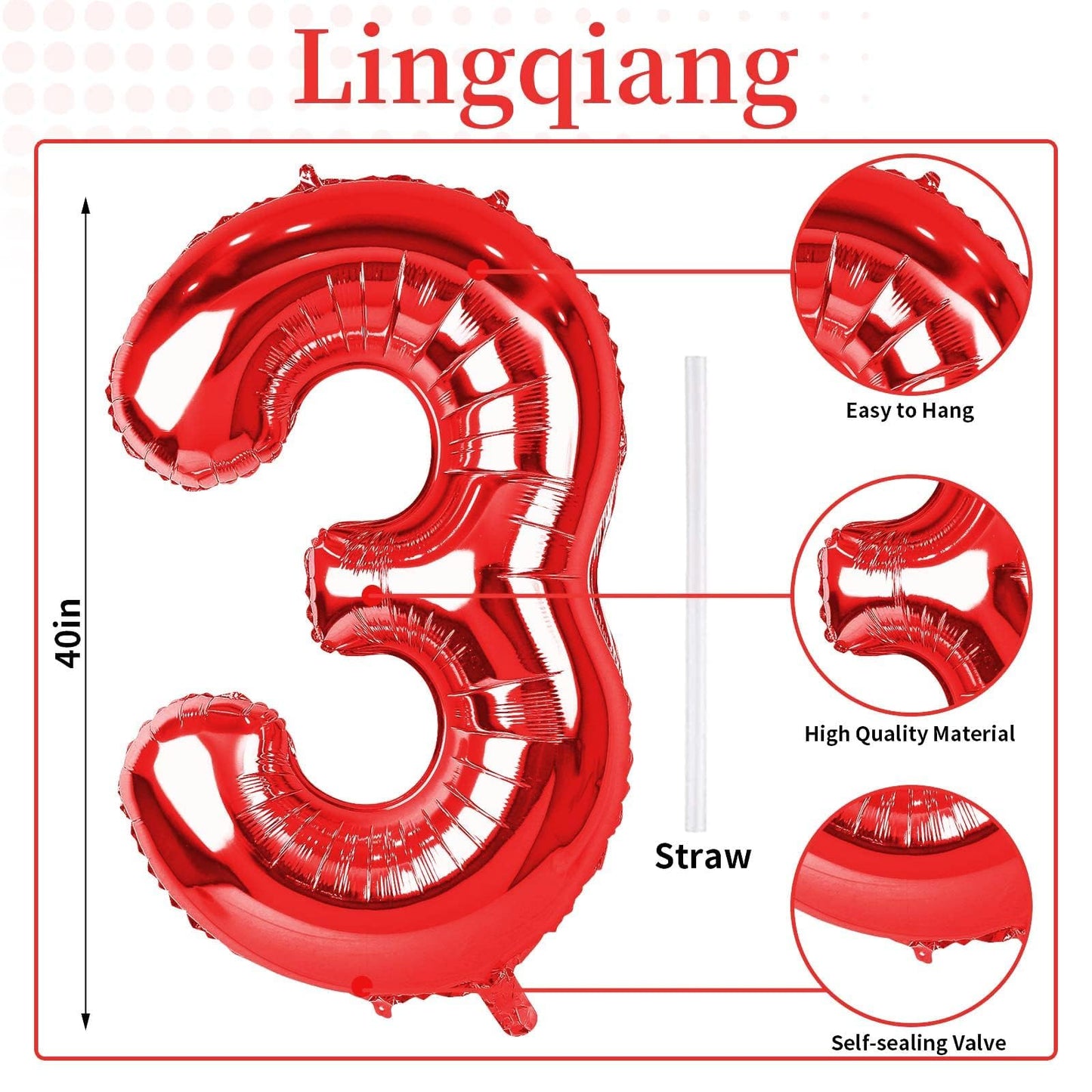 Red Number Balloons, 40 inch Large Number 3 Foil Mylar Helium Balloons for Girls Women, Self Inflating Number Balloons 0-9 for Men Boys 13th 30th Birthday Anniversary Party Celebration Decoration