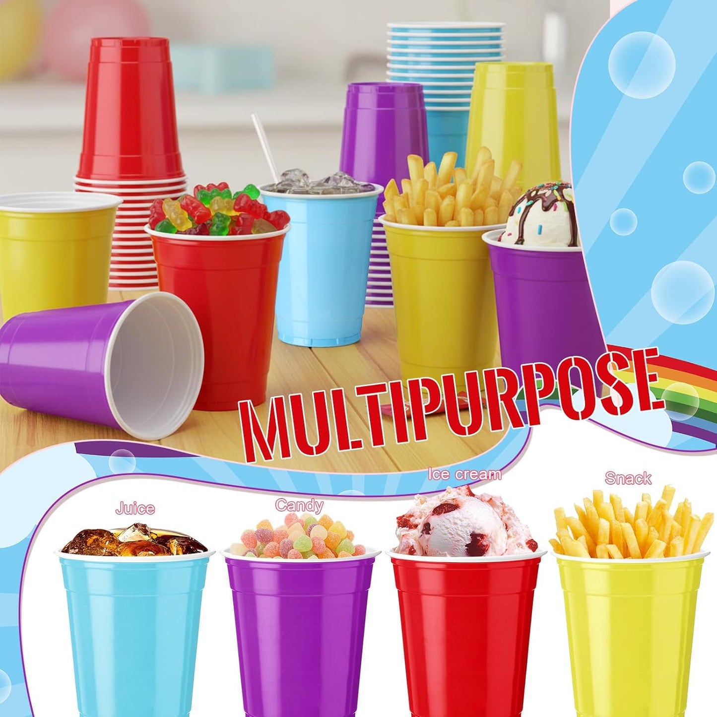 Reallnaive 12 oz Rainbow Color Disposable Plastic Party Cups - 100 Pcs Durable & Lightweight for Events | Home Use
