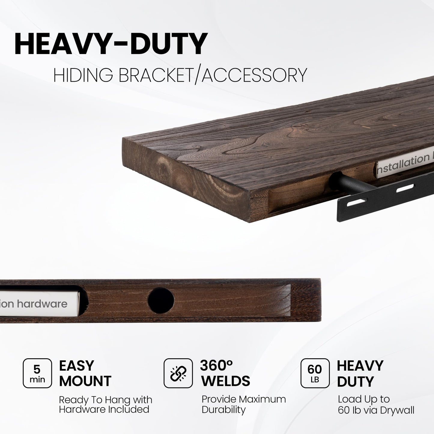 Floating Shelves for Wall, 48"x9.3" Rustic Solid Live-Edge Elm Wood Wall Shelves, Heavy-Duty Floating Shelves with Invisible Brackets, Set of 2 for Living Room, Bedroom, and Kitchen, Walnut Finish