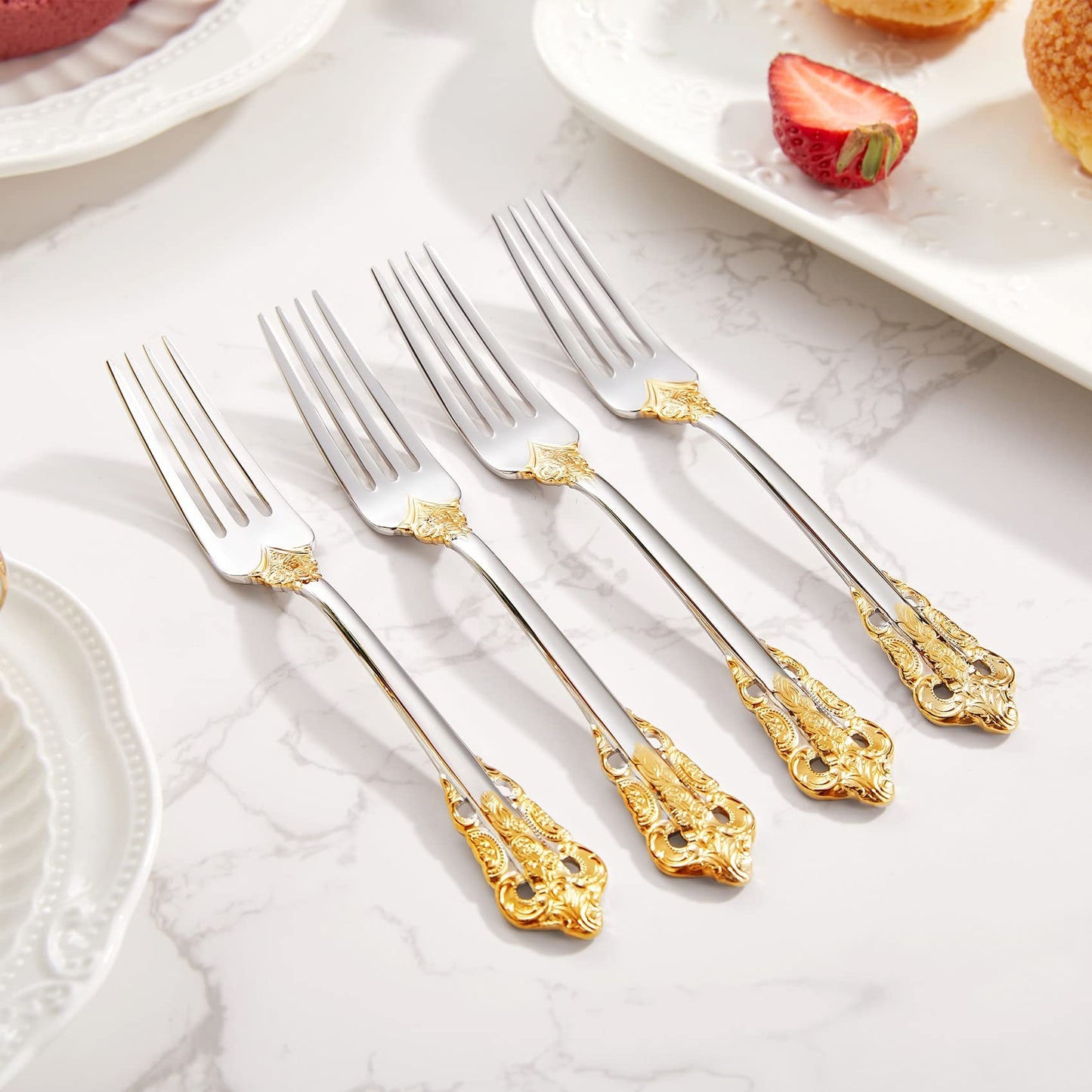 KEAWELL Luxury 5.9" Appetizer Forks, 18/10 Stainless Steel, Set of 4, Gorgeous Cocktail Forks/Dessert Forks (Gold Accent)