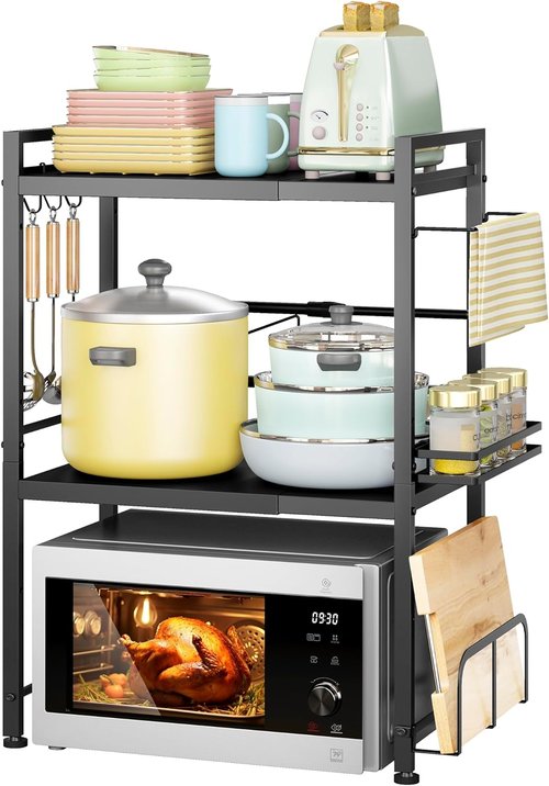 DOLALIKE Microwave Oven Rack - Expandable Kitchen Stand with 6 Hooks for Utensil Storage | Carbon Steel