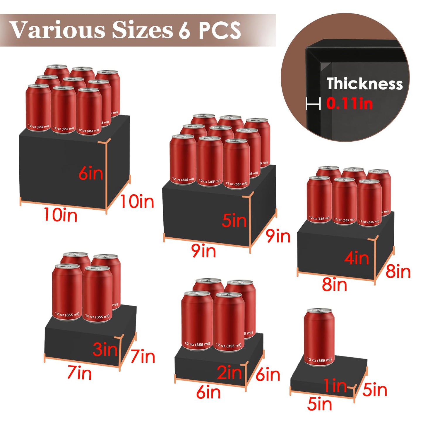 6Pcs Black Buffet Risers Set (Size 5",6",7",8",9",10"),Food Risers for Buffet Table Display Stand Shelf for Party Catering Dessert Collectibles Acrylic Cube Boxes Display with Hollow Bottoms