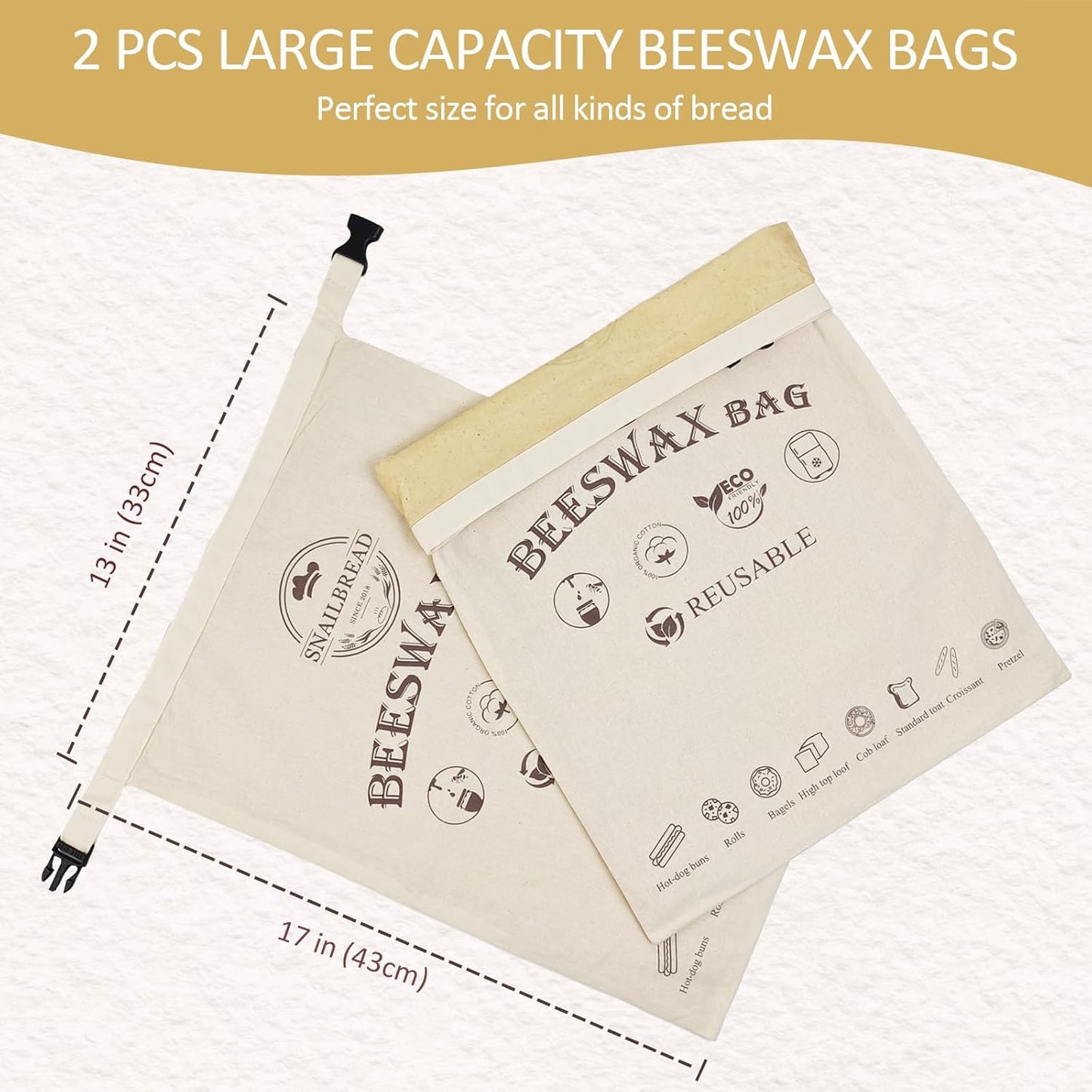 Skiennix Reusable Beeswax Bread Bags - XL Eco-Friendly Food Storage (13x17in, 2 Pack) | Moisture Lock for Fresh Homemade Bread