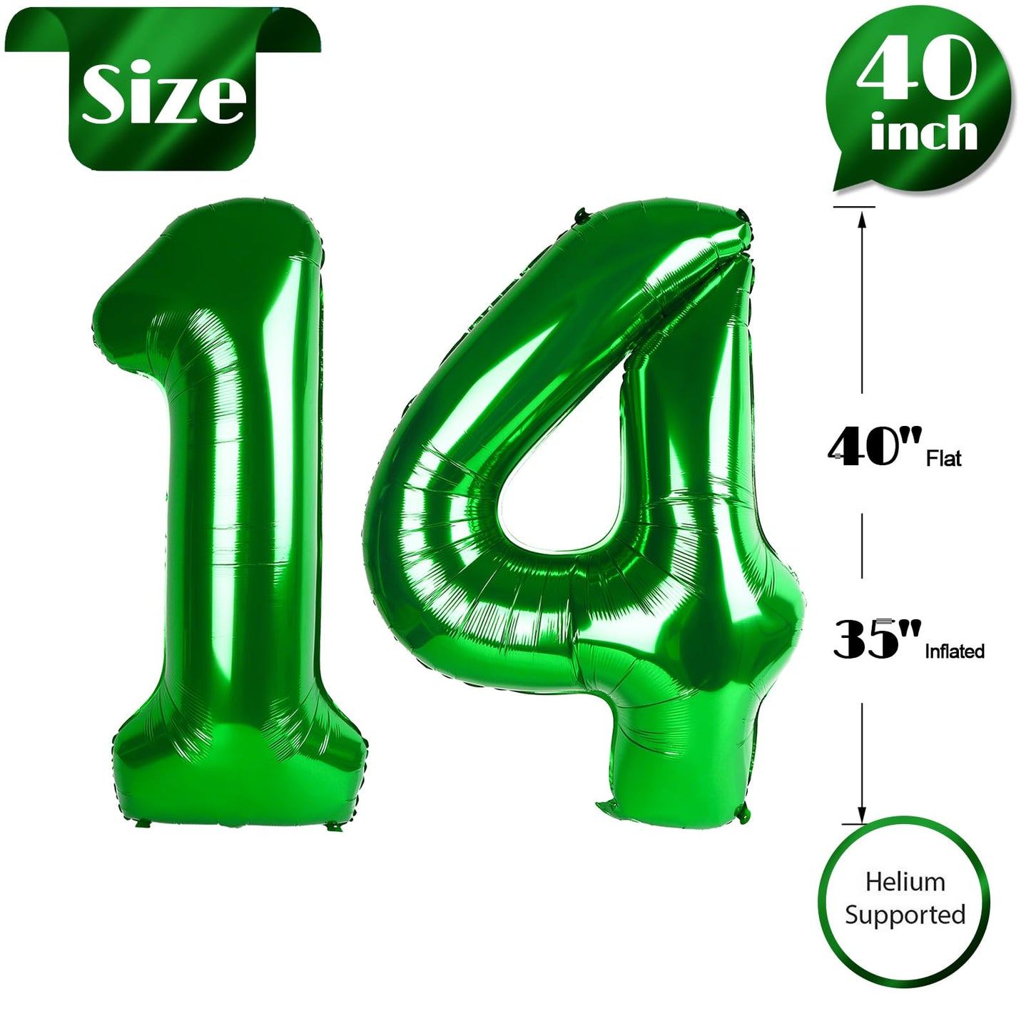 Dark Green Number 14 Balloon 40 Inch, 14th Birthday Party Decorations for Children, Giant 14 Foil Balloon for Party Supplies