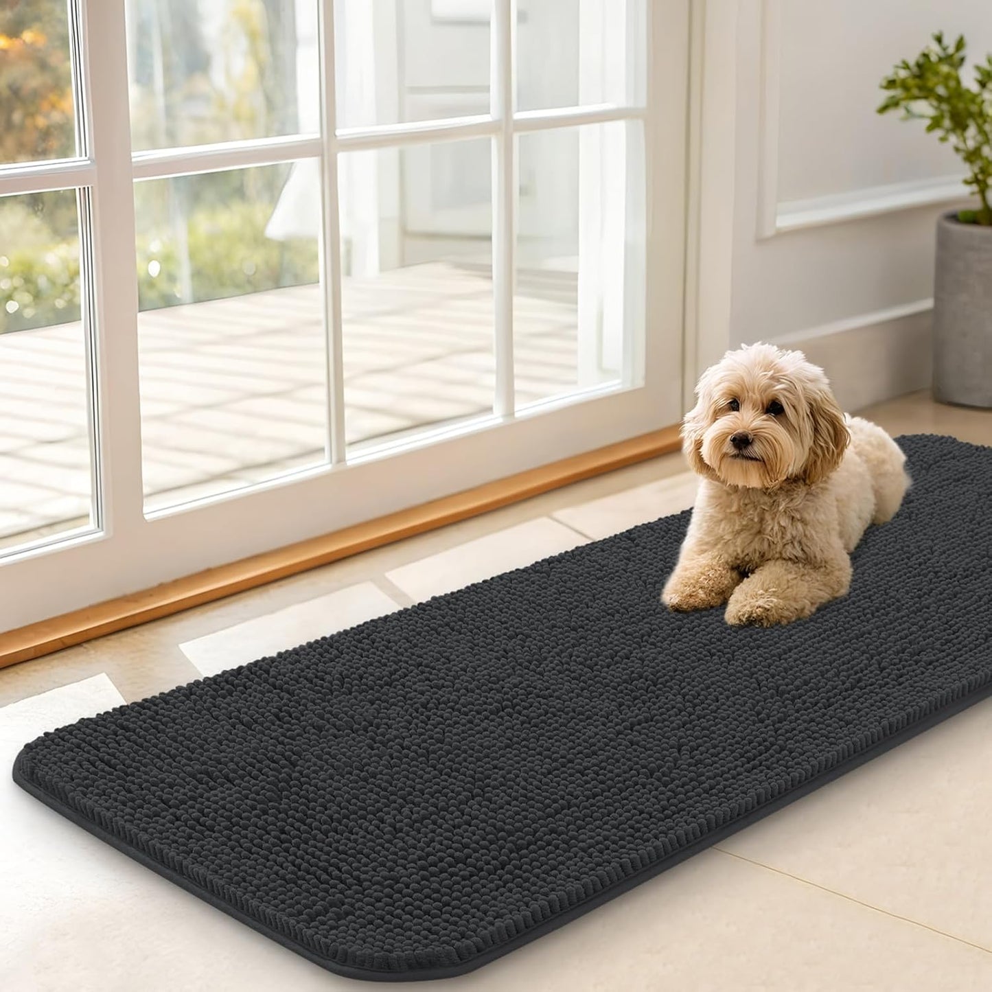 OLANLY Dog Door Mat - Absorbent Non-Slip Chenille for Muddy Paws | 47x17 Inches, Quick Dry, Dark Grey