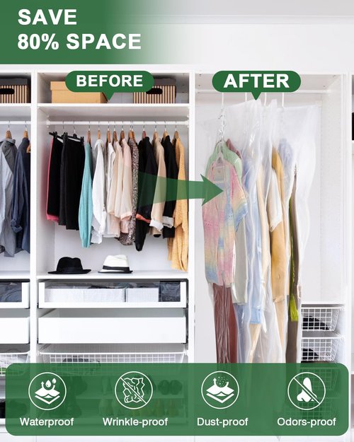 Colemoly Hanging Vacuum Storage Bags for Clothes 6 Pack 53.1x27.6 Inches Large Transparent Vacuum Seal Bags, Space Saving Storage Bags for Dresses/Coats/Suits, Waterproof/Dustproof/Wrinkle-Free