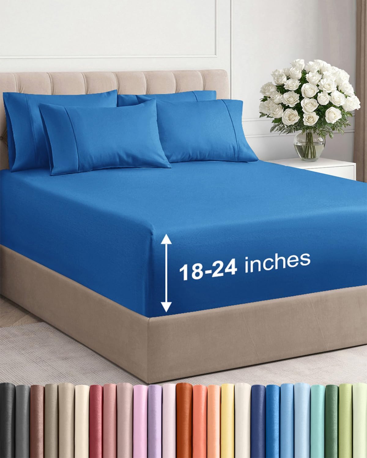Skiennix Extra Deep Cal King Sheet Set - 6 Piece Cooling Bedding - Soft, Wrinkle-Free, Royal Blue