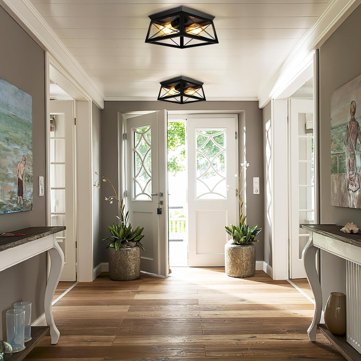 Farmhouse Flush Mount Ceiling Light Oak White Ceiling Light Fixtures 2-Light Industrial Vintage Metal-Framed Ceiling Lighting for Hallway Foyer Kitchen Dining Room Bedroom Living Room Laundry