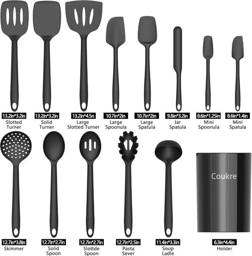 Coukre Silicone Kitchen Utensils Set - Heat-Resistant, Food-Grade Tools with Holder | 14-Piece, Pure Black