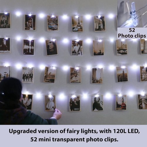 HXWEIYE 120LED White Photo Clips String Light - 40Ft Fairy Light with 52 Clips & 12 Hooks | USB Powered, Timer & 8 Modes for Bedroom & Wedding Decor