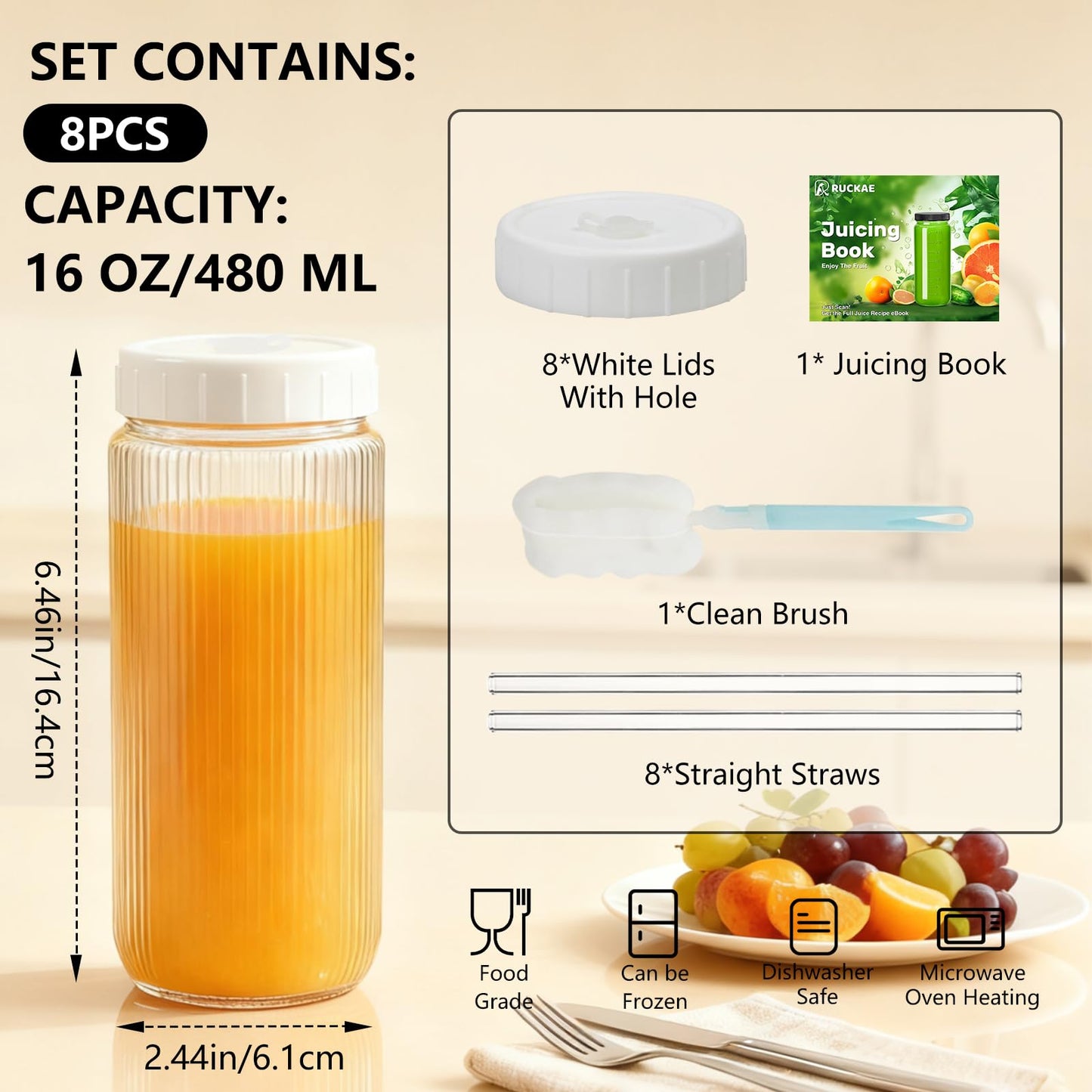 Ruckae 16oz Juice Bottles,Ribbed Glass Juicing Bottles with Lids,Smoothie Cup Lids and Straws,Water Bottle Mason Jar Drinking Glasses for Juicing,Smoothies,Kombucha (Clear-8 pack)