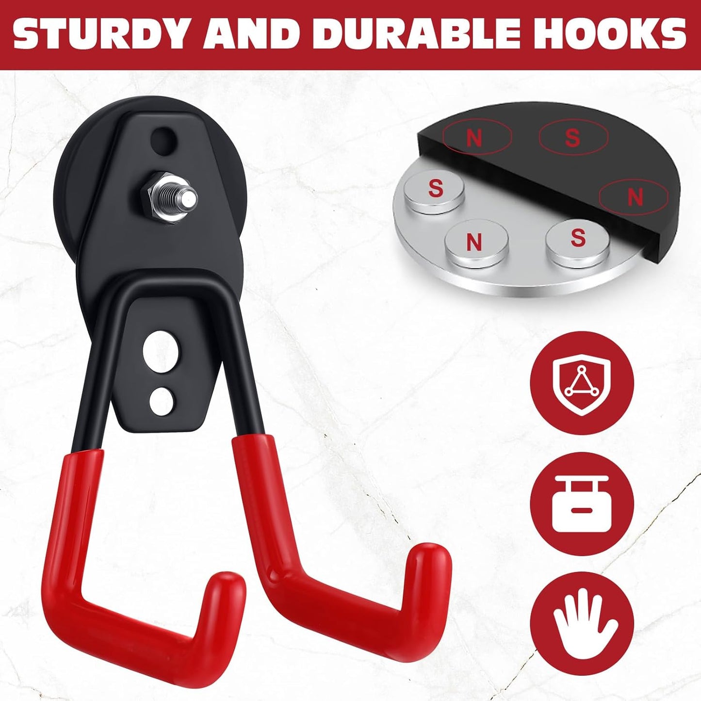Landhoow Heavy-Duty Magnetic Hooks - 6 Pcs Large Utility Hangers with Anti-Slip Rubber Coating | Red